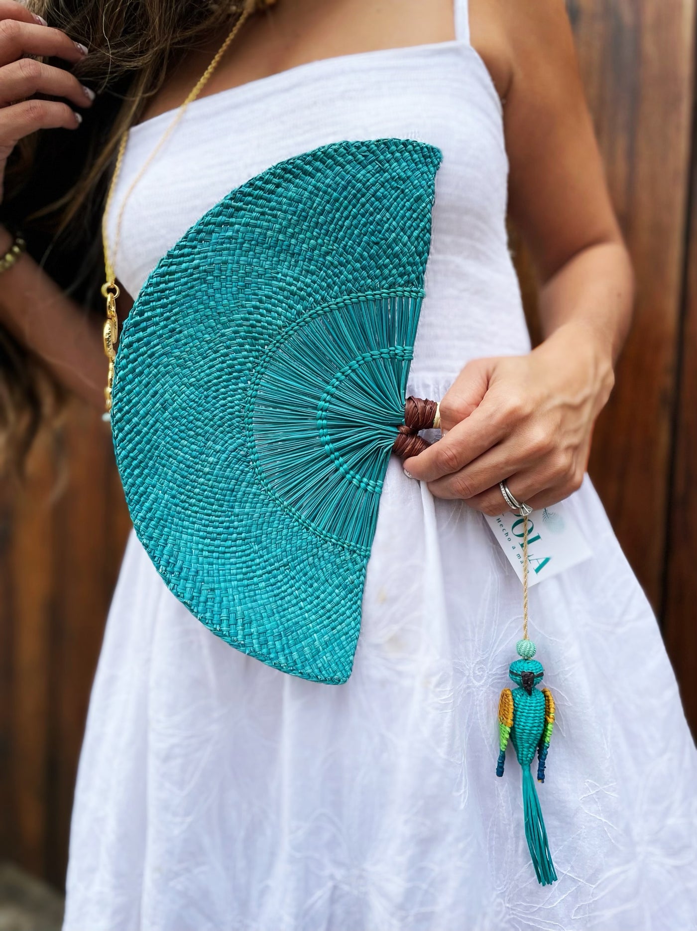 Hand Fan Turquesa Pajaro