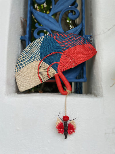 Hand Fan Azul Rojo Mariposa